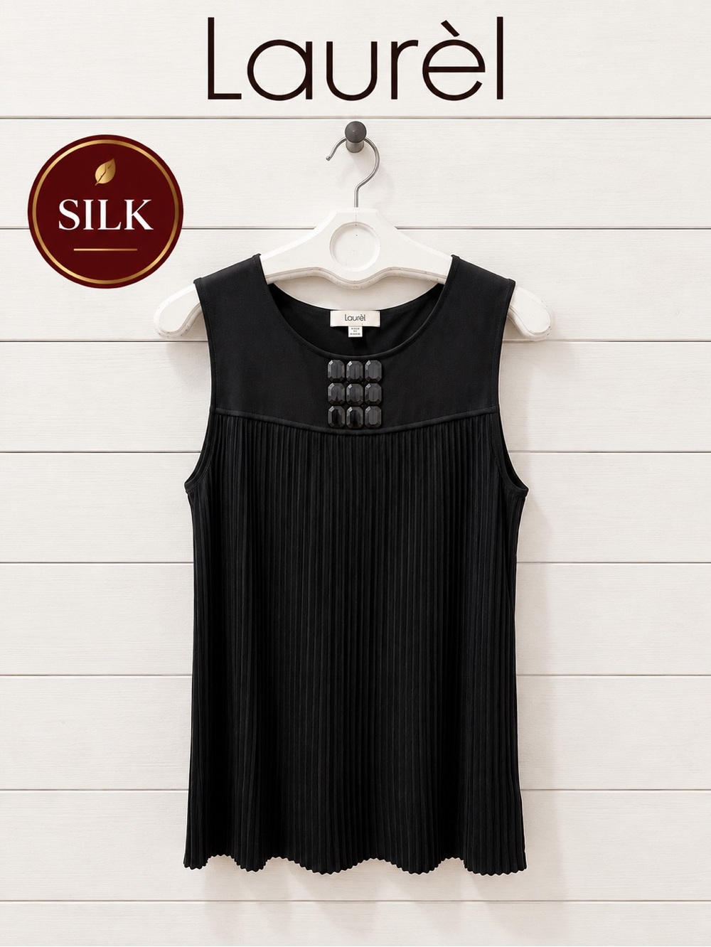 Laurel Black Silk Sleeveless Top with Beaded Detail – Size 40